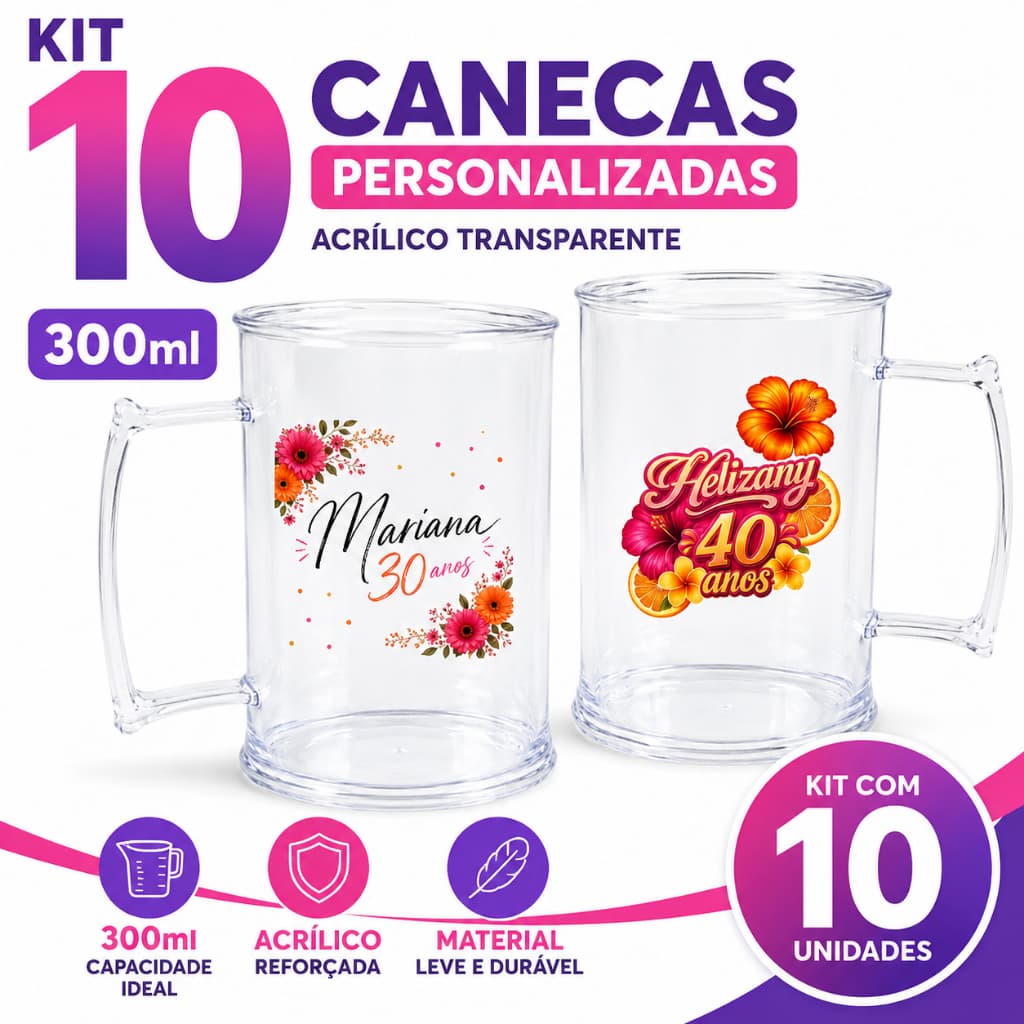 Kit 10 Canecas 300ml Personalizadas Acrílico Transparente para Festas e Eventos