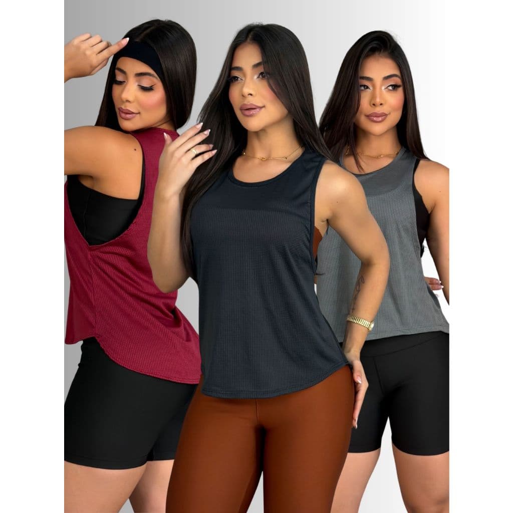 Kit 3 Blusas Fitness Regata Cavada Treino Academia Camiseta Básica Tapa Bumbum