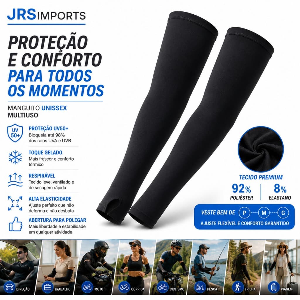 Manguito UV50+ Proteção Solar Unissex Toque Gelado Respirável Corrida Moto Bike Pesca Trilha Proteção Total