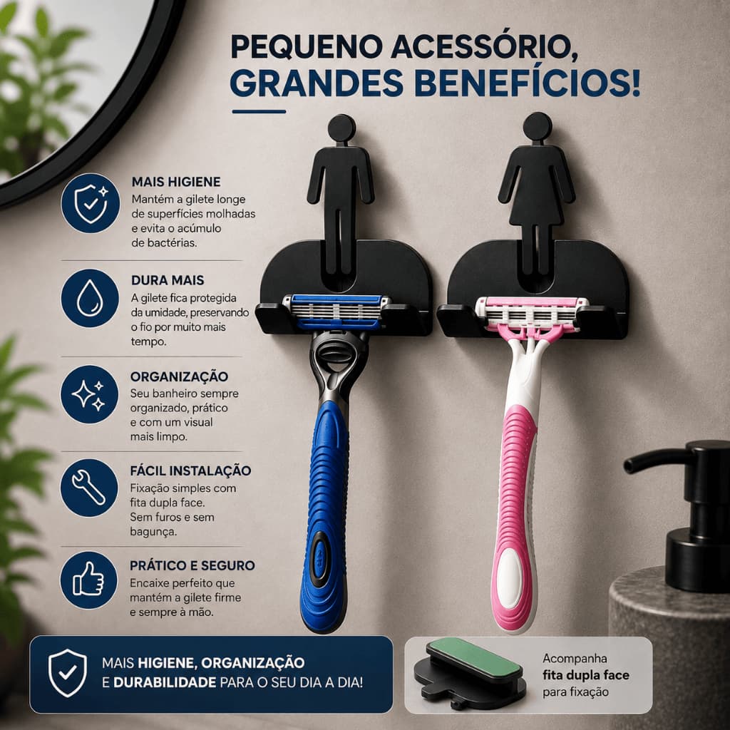 Kit 2 Suporte Gillette Parede Fita 3M Porta Barbeador Sem Furo Banheiro