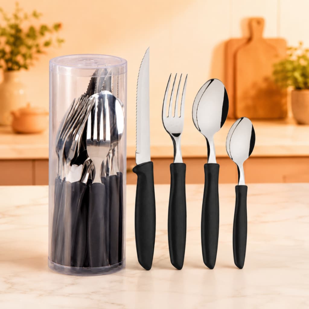 Kit 24/20/16 Jogo de Talheres em Aço Inox Preto com Cabo Ergonômico Premium Faca Garfo Colher Sobremesa/Cha