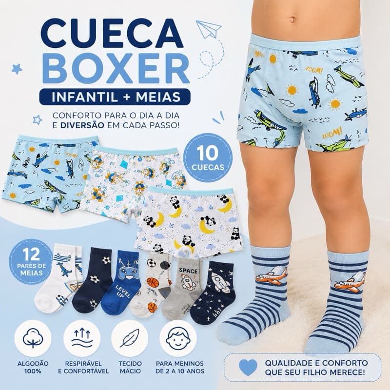 Kit com 10 Cuecas Boxer Microfibra Infantil Masculino + 12 Pares de Meias Infantis Menino
