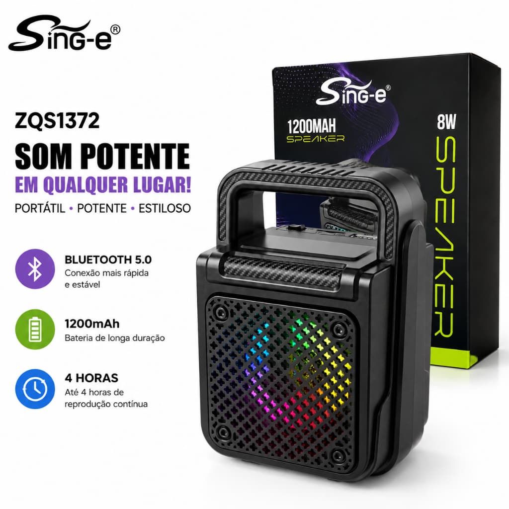 Caixinha de Som Bluetooth Portátil Sing-E ZQS1372 RGB Mini Caixa de Som 8W Bateria 1200mAh