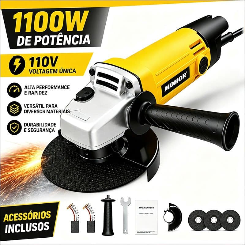 Esmerilhadeira Lixadeira Angular 110V Profissional para Construção Reforma e Oficina com 3 Discos