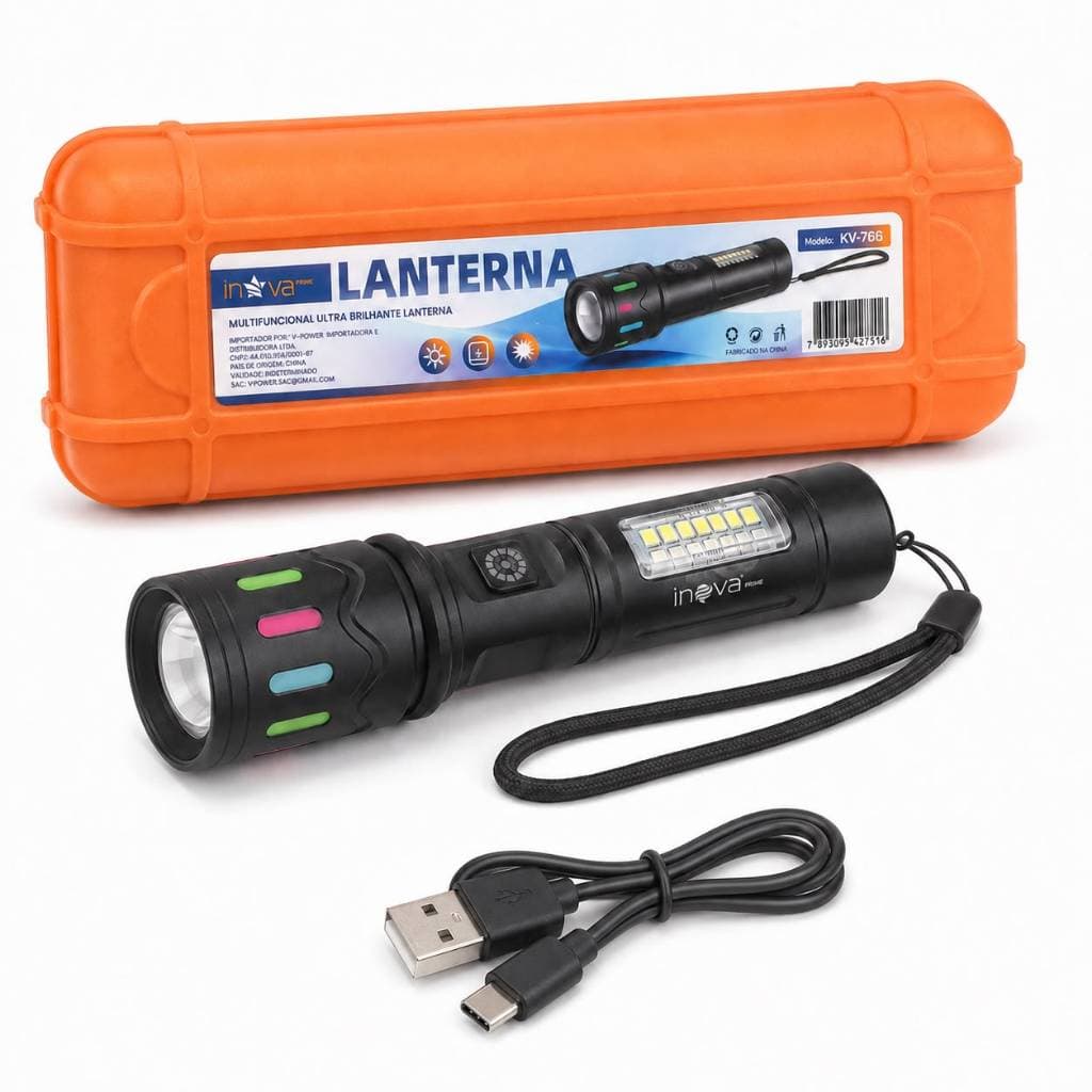 Lanterna Tática LED Recarregável Inova Prime KV-766 Zoom Luz Lateral Branca e Vermelha Estojo USB-C