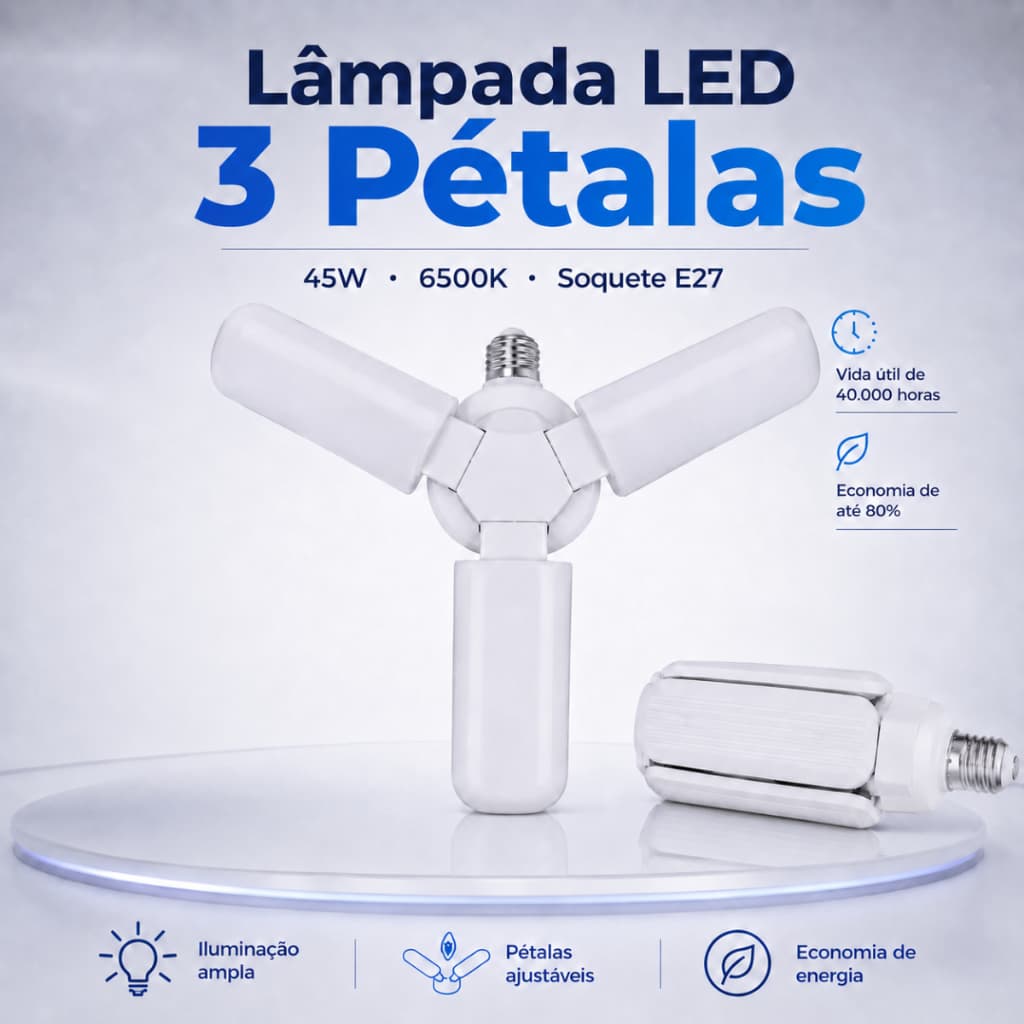 Lâmpada LED 3 Pétalas 45W E27 6500K Dobrável Ajustável Luz Branca Multifuncional Garagem Oficina Área de Serviço