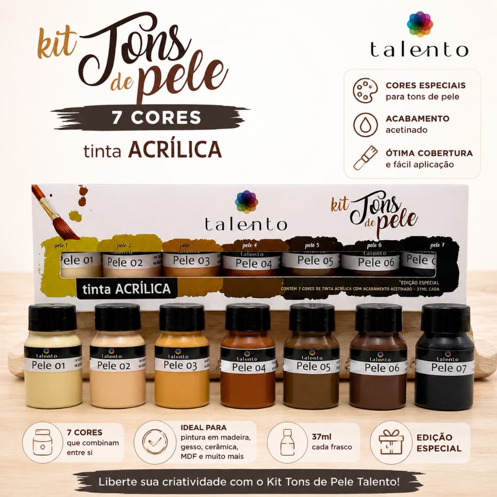 Kit Tinta Acrílica Tons de Pele Talento 7 Cores 37ml Artesanato MDF Cerâmica