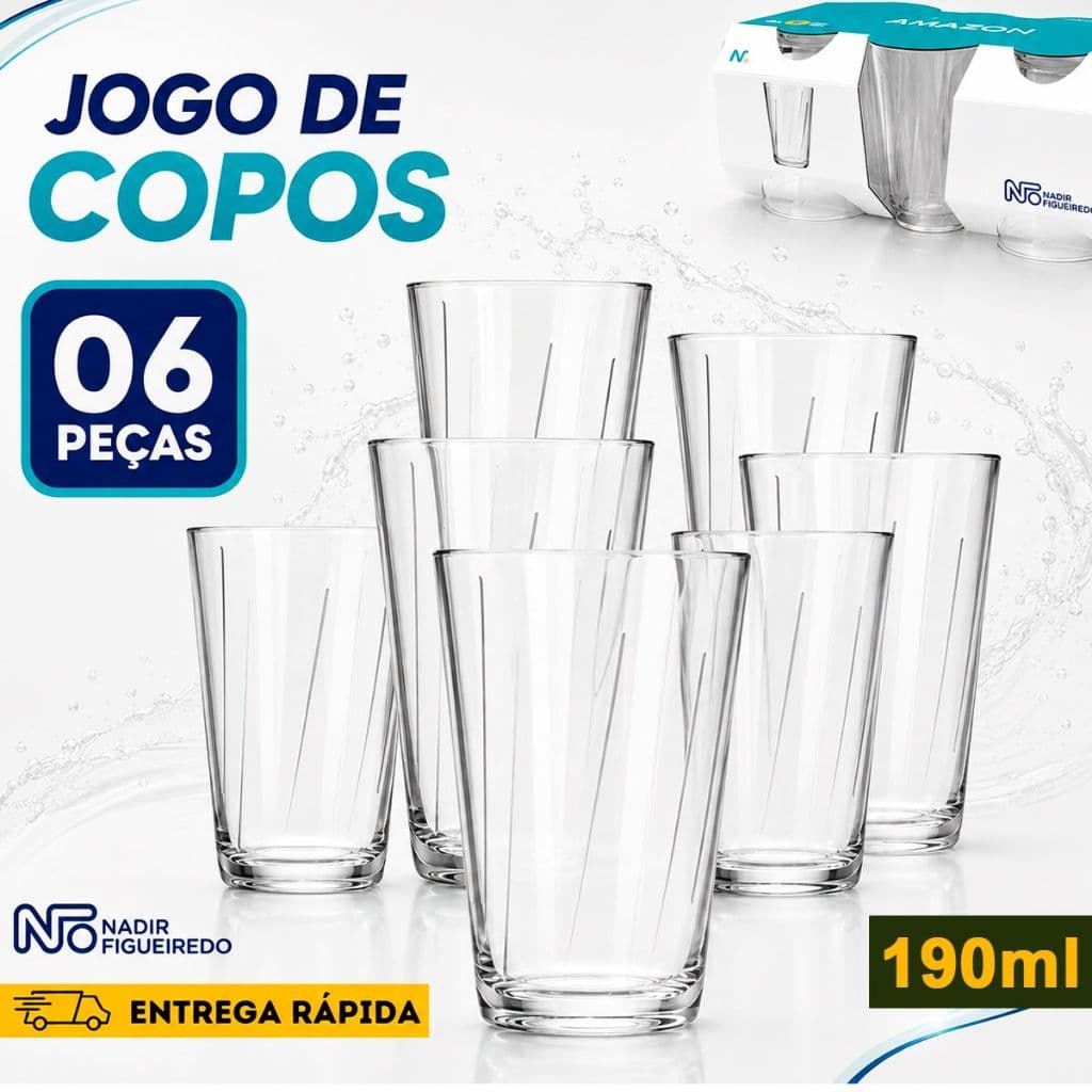 Kit Jogo 06 Peças Copo Vidro Resistente Nadir Modelo Sm Amazon Cristalino 190ML- Sucos Café