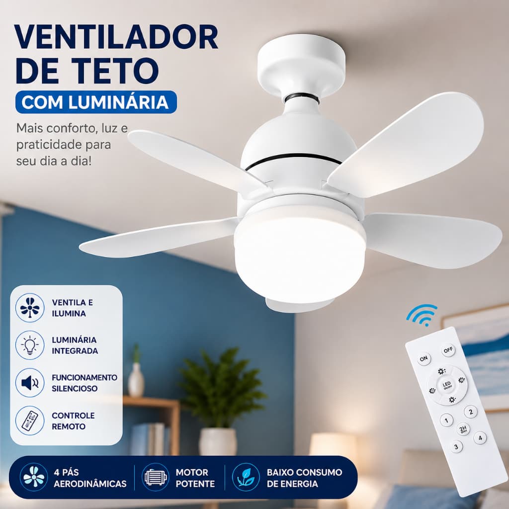 Ventilador de Teto 80W 5 Hélices com Controle Remoto LED 3 Cores Silencioso Potente