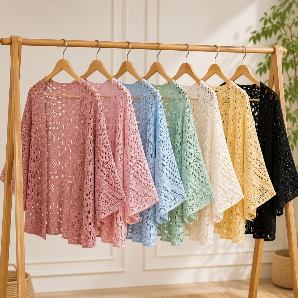Capa Kimono de Tricot Rendado Verão Elegante Cores Tedencias