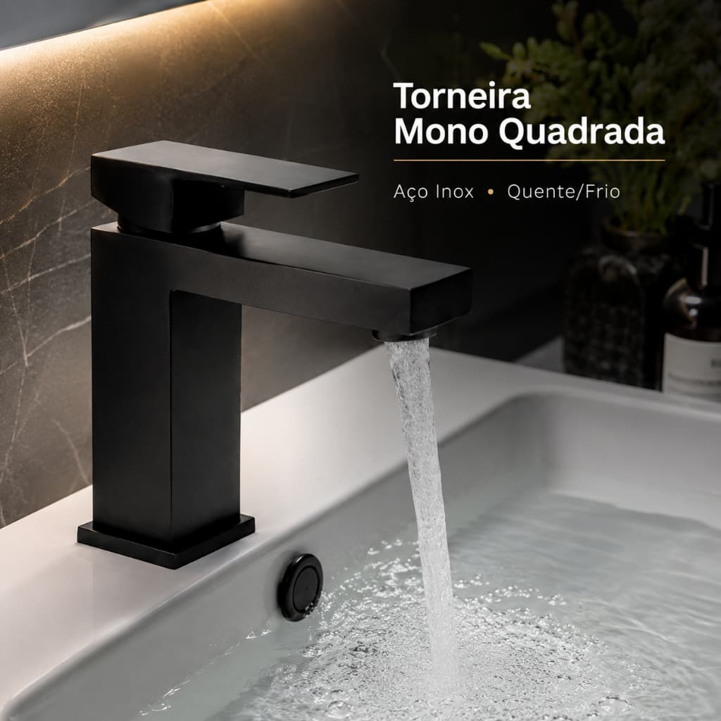 Torneira De Banheiro Mono Quadrada Bica Baixa Preto Aço Inox