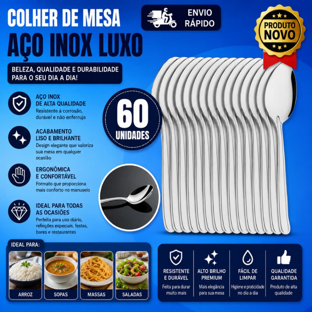Conj 60 40 e 20 Colher Mesa Talher Aço Inox Luxo Sopa Arroz P Casa Cozinha Bar Restaurante Faqueiro