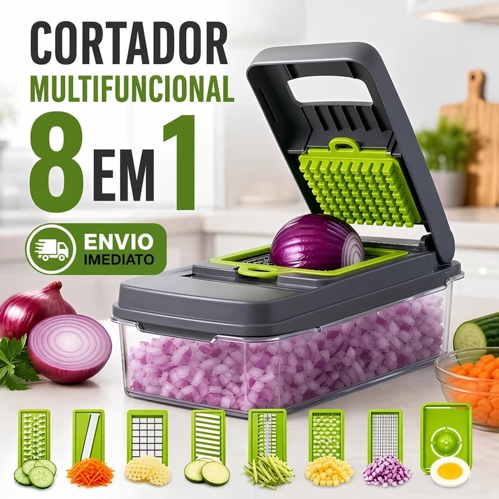 Cortador de Legumes 8 em 1 Fatiador Ralador com Lâminas Inox e Recipiente Multifuncional 8 em 1