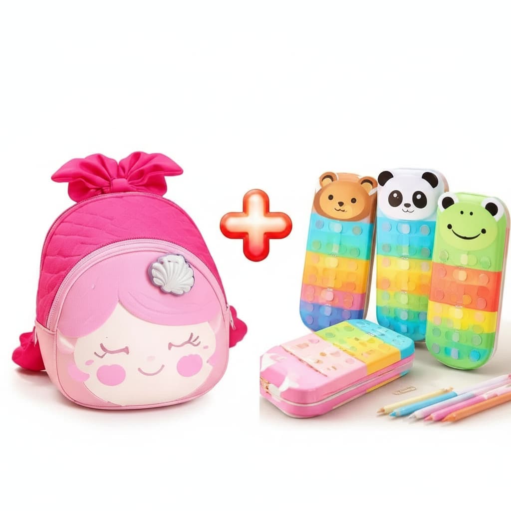 Kit Estojo Infantil Animais Divertido Sortido + Mini Mochila Escolar Sereia Brinquedo Criativo