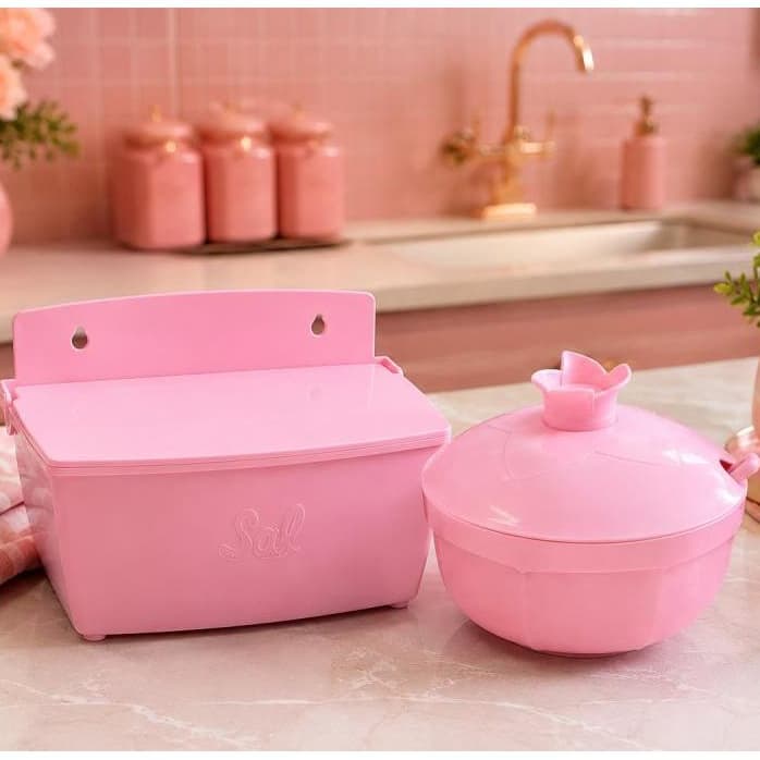 Kit Saleiro de Parede + Açucareiro Rosa com Tampa e Colher Organizador para Cozinha Kit Cozinha Rosa