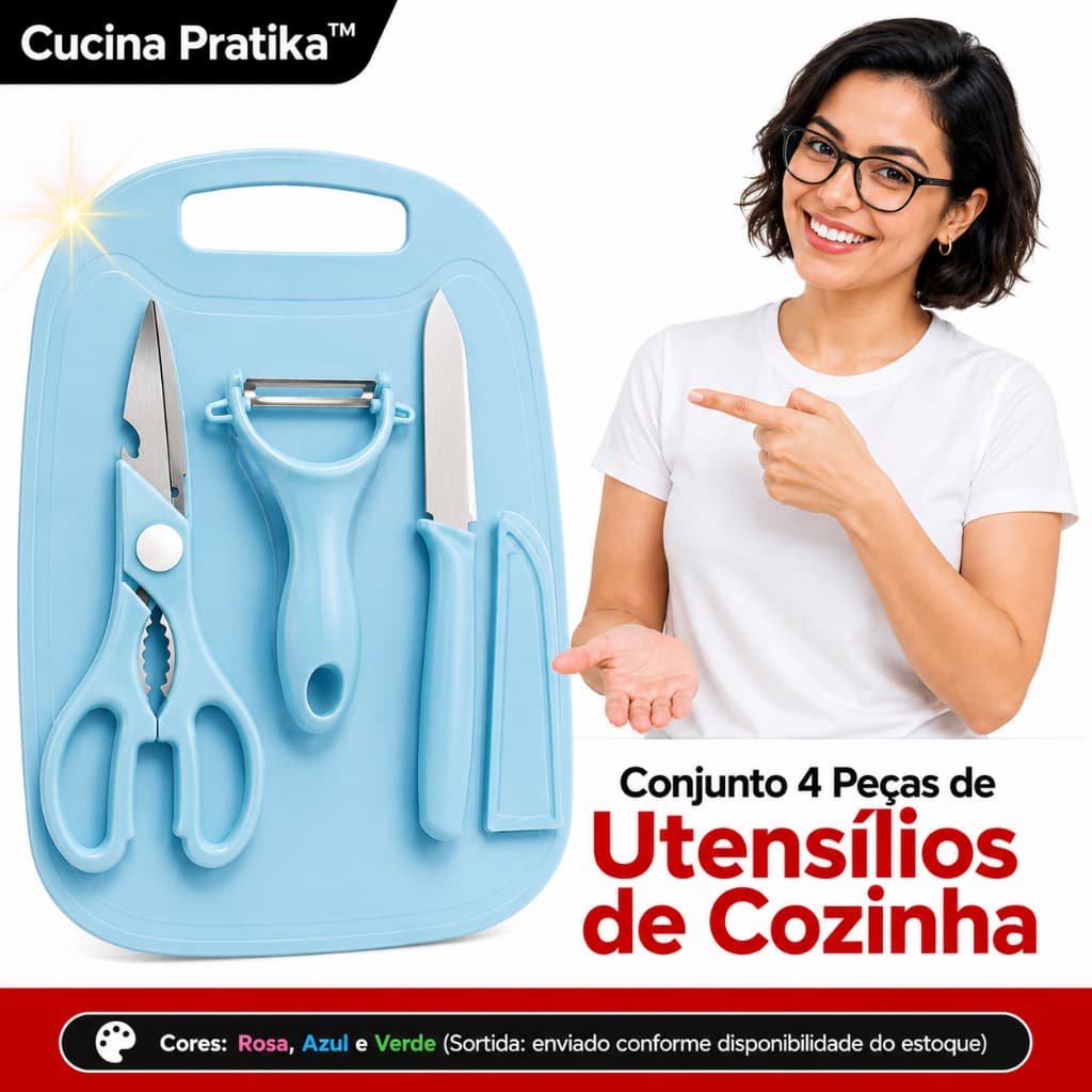 Conjunto 4 Peças Utensílios de Cozinha Faca Tesoura Descascador Tábua Corte