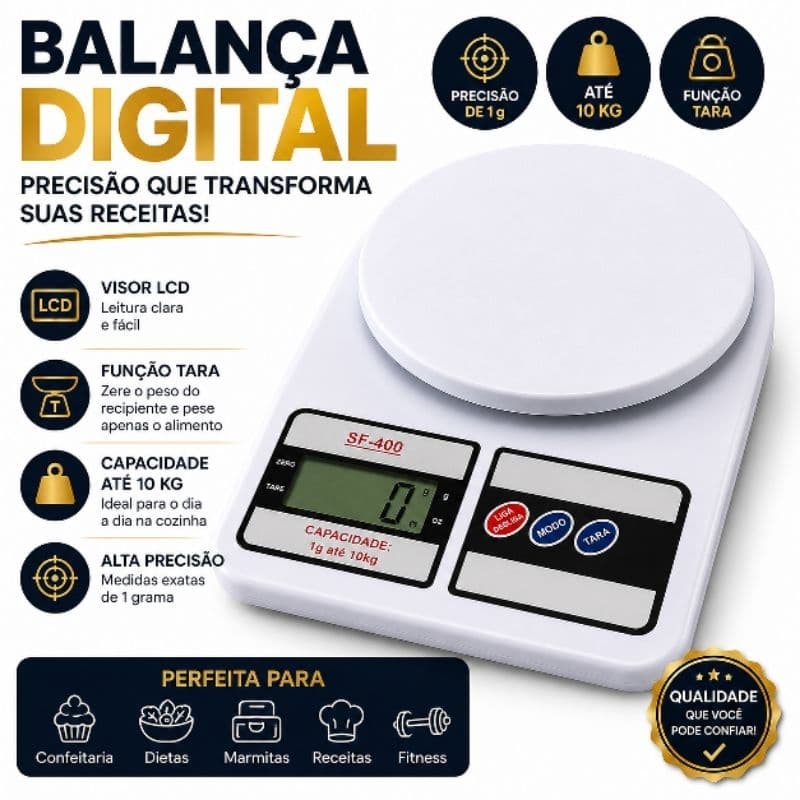 Balança Digital de Cozinha 10kg Precisão 1g LCD Função Tara Receitas Dieta Confeitaria  Marmitas