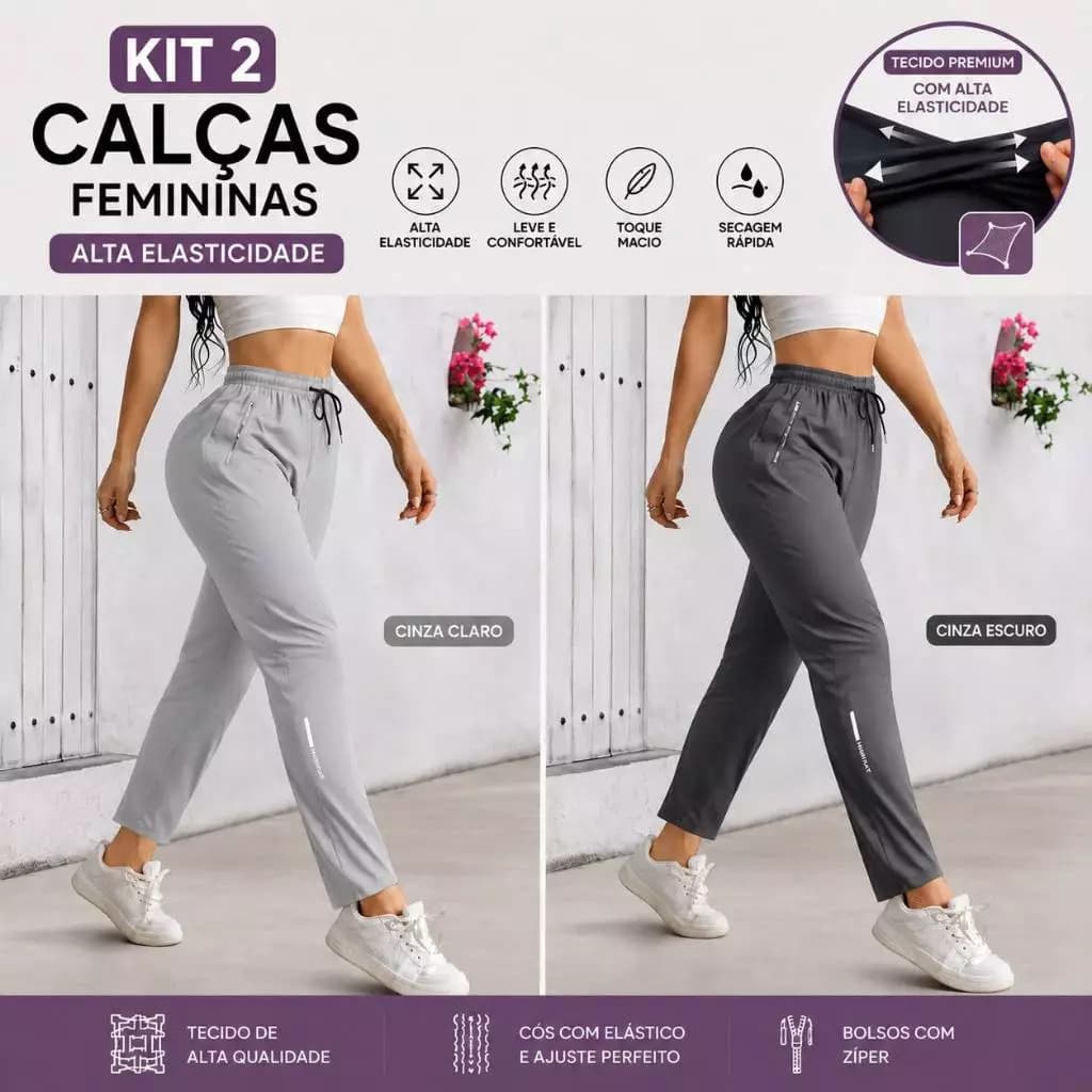 KIT-2 Calça feminina Academia poliamida com elastano seda Gelada Translucida  Dry Fit Com Fitas Esportiva