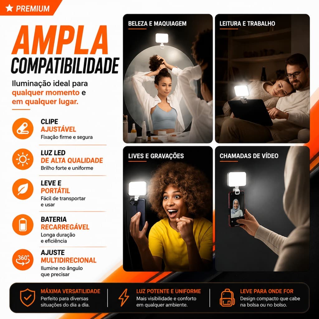Luz LED para Celular com Clip Ajustável Iluminador de Selfie para Live Gravação Vídeo Maquiagem Fotografia Portátil Reca