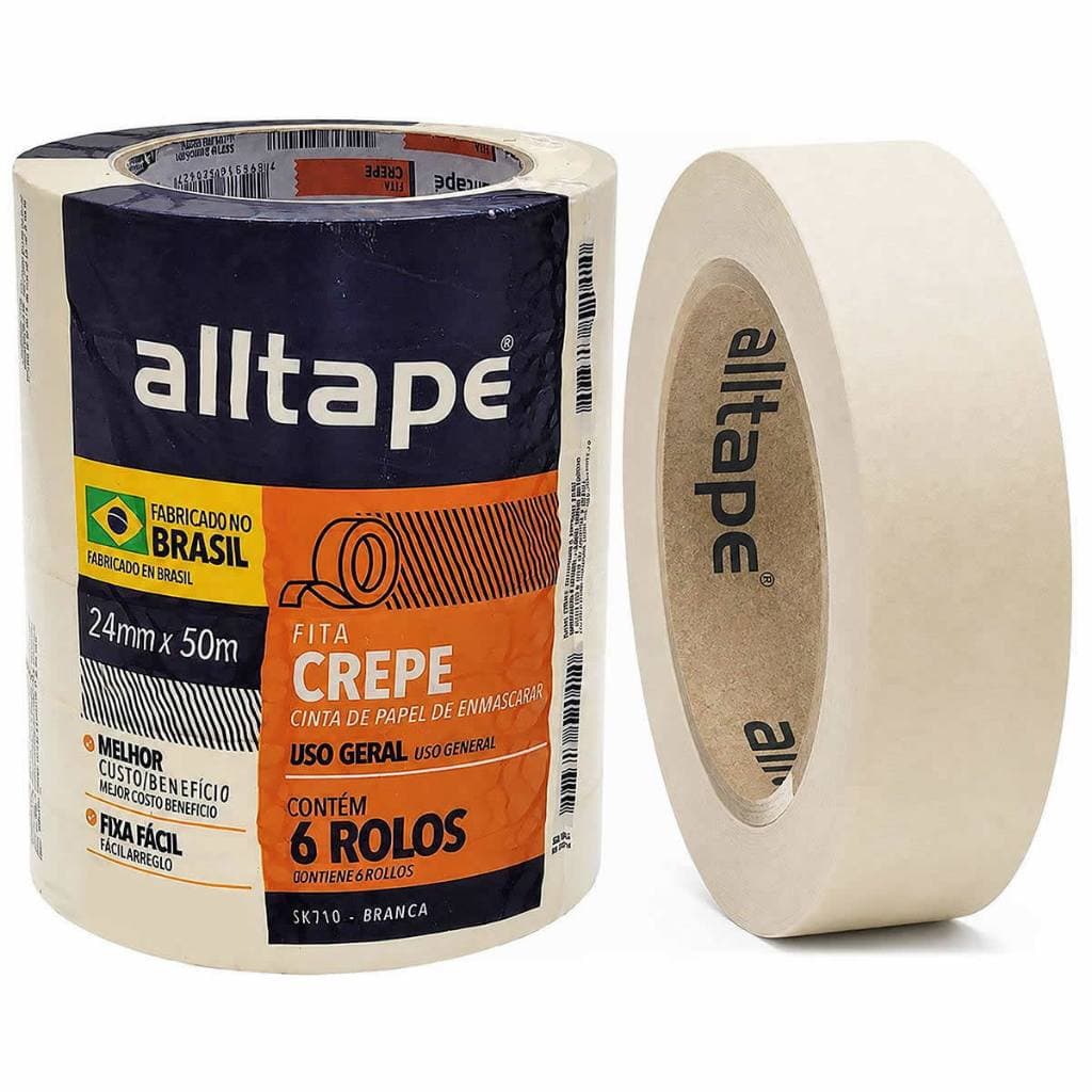 Fita Crepe 24mm x 50m Pacote com 6 Rolos para Embalagens Pinturas Trabalhos Escolares Alltape SK710