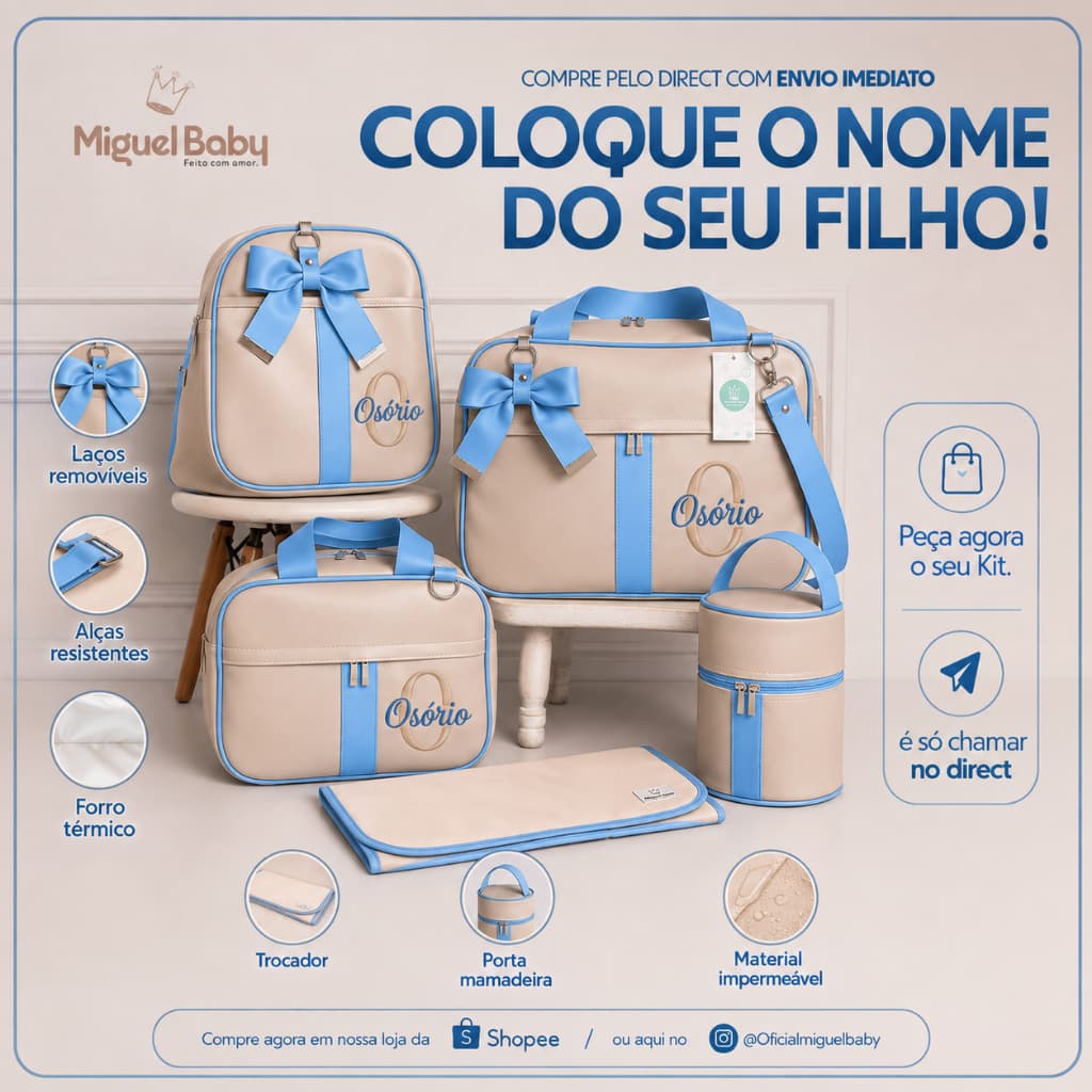 kit bolsas Maternidade Personalizado  Fita luxo de 5 peças masculino | feminino
