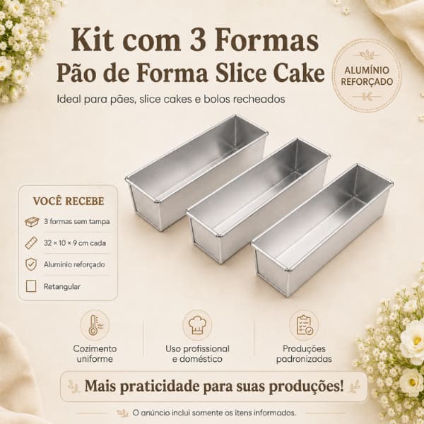 Kit 3 Formas Pão Forma Slice Cake Caparroz Aluminio 31x10x9cm Tortas Bolos Pães Venda Caseiro Festa