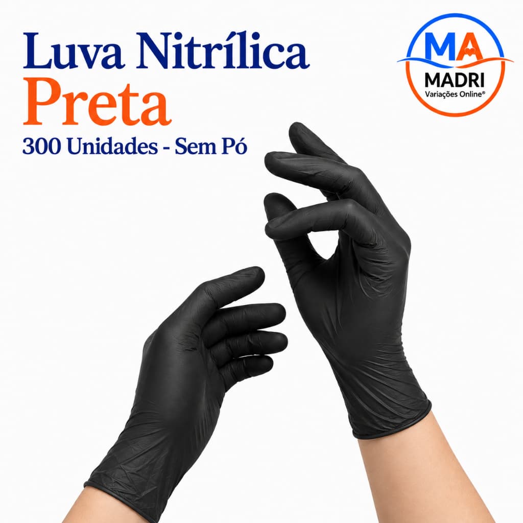 Luva Nitrílica Preta 300 Unidades - Sem Pó e Descartável Tam P, M, G