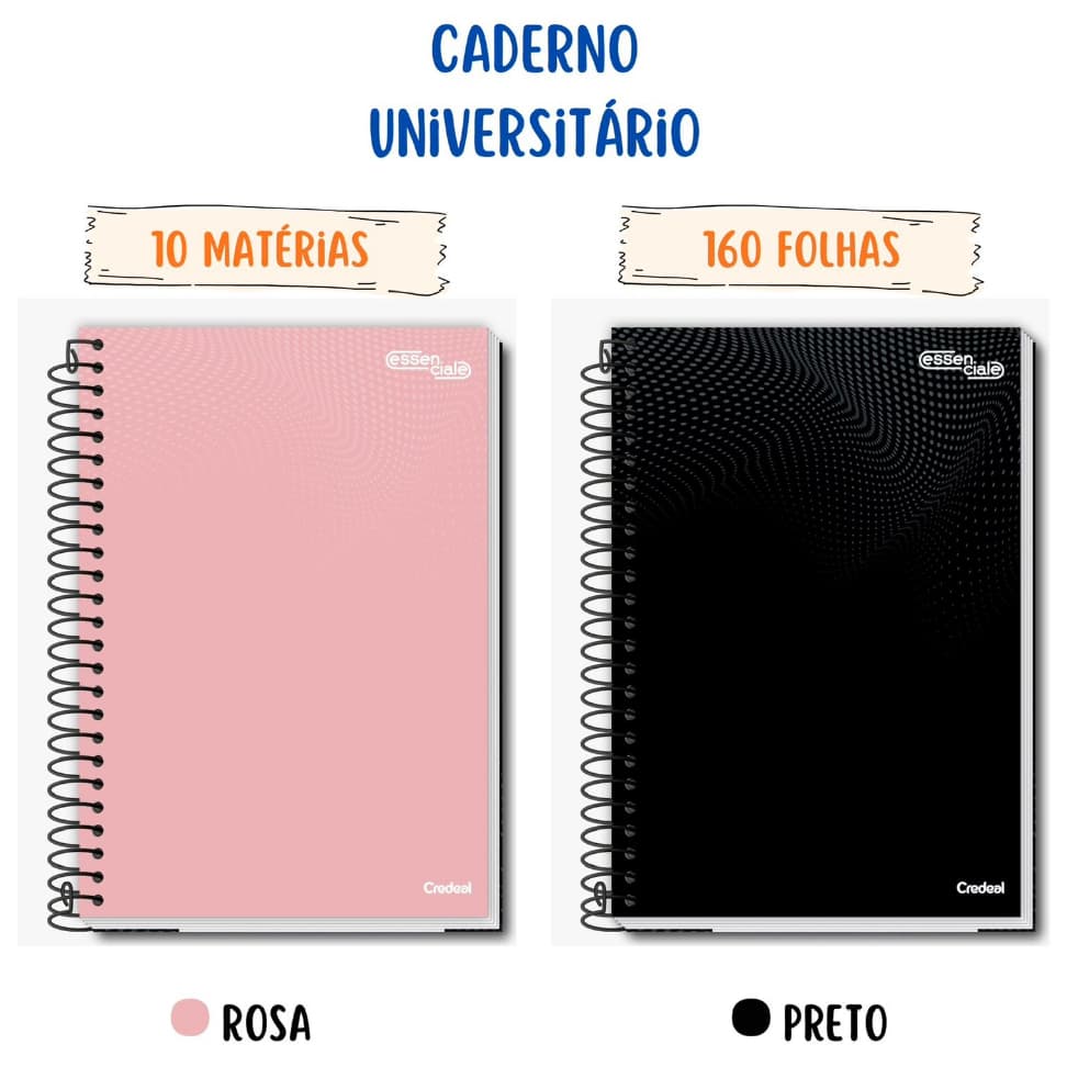 Kit 4 Caderno Universitário Capa Dura 10 Matéria 160 Folhas Preto Rosa Escolar 200mm x 275mm Credeal