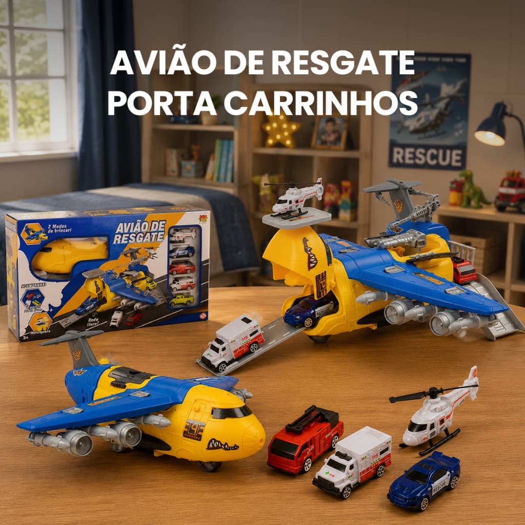 Avião De Resgate Com 4 Carrinhos E 1 Helicóptero Brinquedo 2 modos de brincar