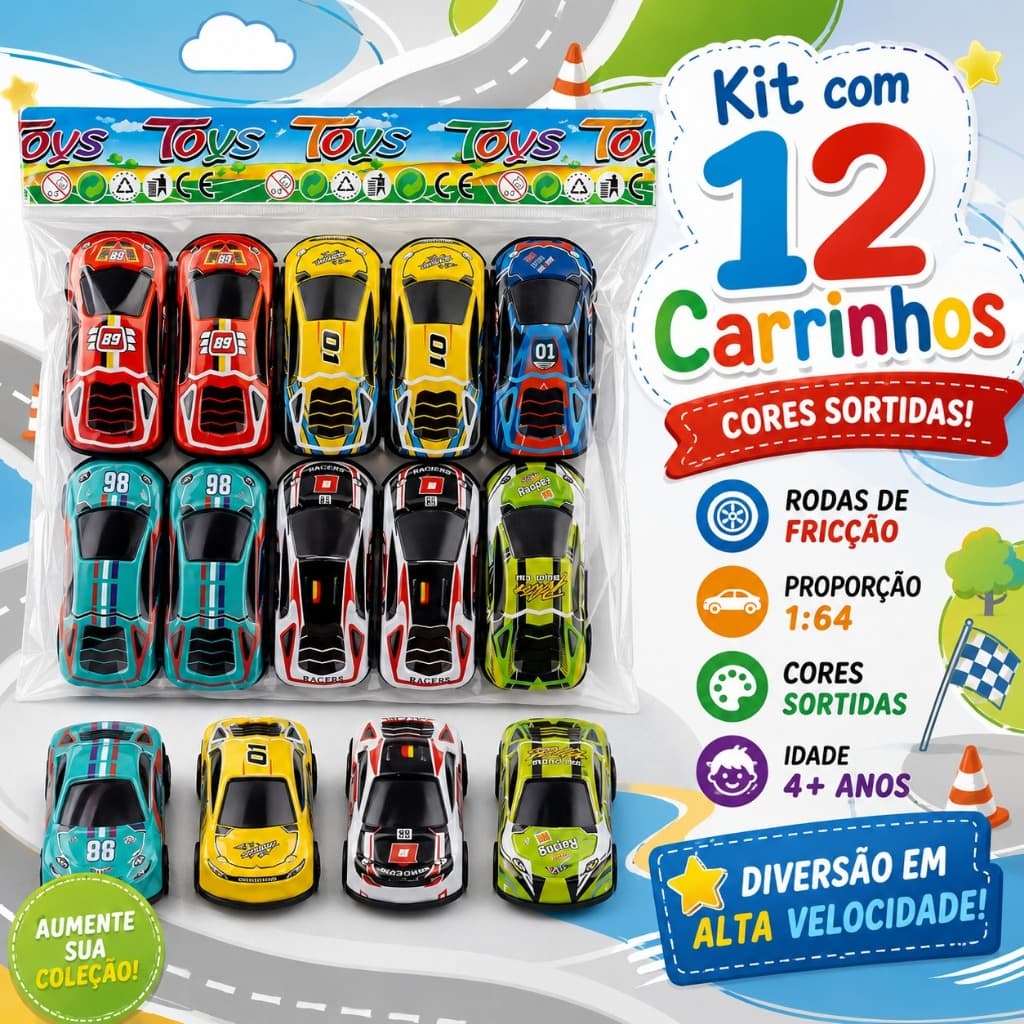 Kit 12 Carrinhos de Metal Infantil Escala 1:64 Sortidos Miniaturas de Carro Modelos Variados
