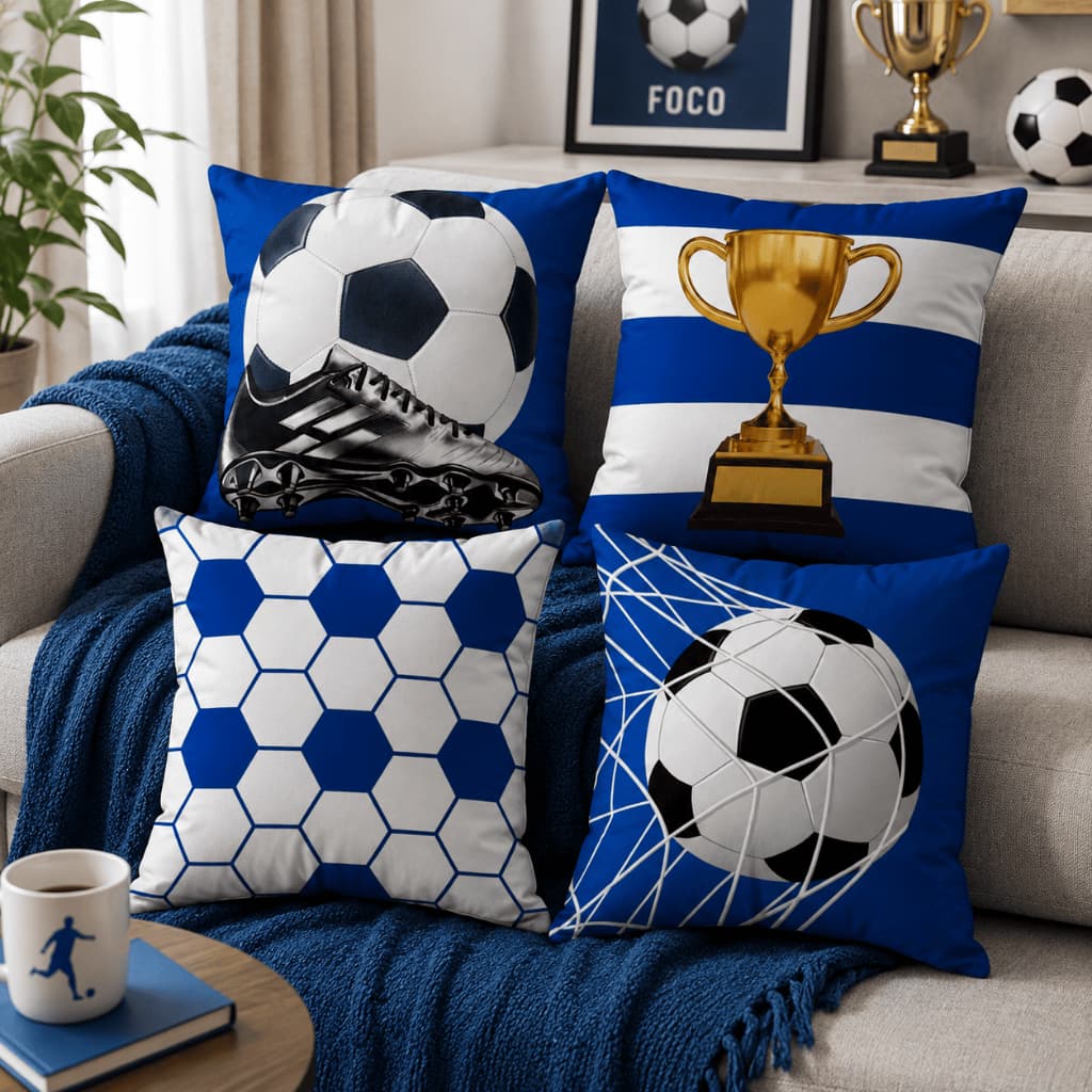 Kit 4 Capas de Almofadas Futebol Bola Azul Decorativas Para Quarto Infantil Menino