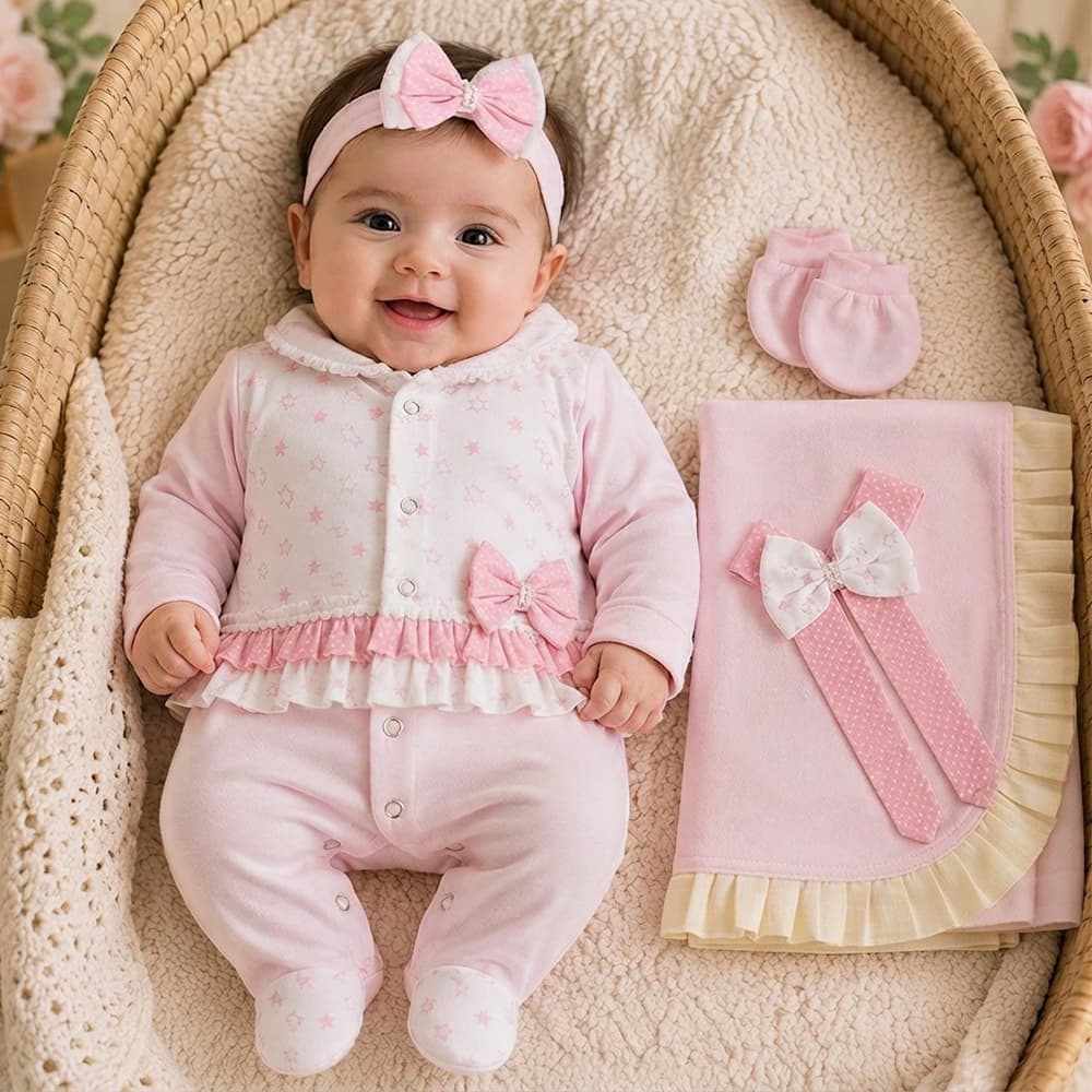 Saída de Maternidade Menina Dudinha Estrela Rosa 04 Peças