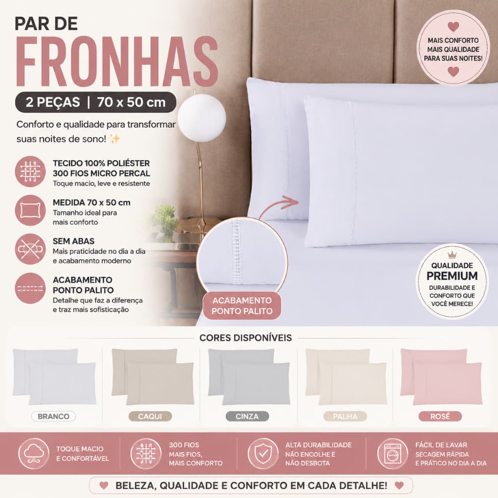 Par de Fronhas Capa Almofada Kit Percal 300 Fios Ponto Palito Tecido Poliéster Macia e Confortável