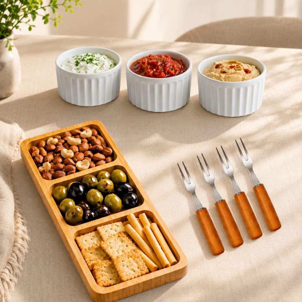 Kit Petisqueira de Bambu Tábua de Frios e Petiscos com Garfos e Ramequim Mesa Posta
