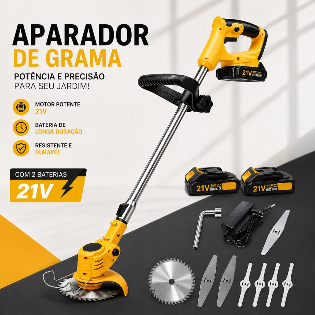 Aparador Roçadeira Elétrica De Grama Nakasaki A Bateria 21V 2000w Corte de Grama e Mato