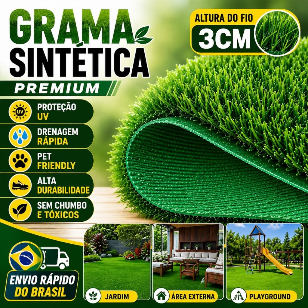 Grama Sintética 3cm Realista Para Jardim Área Externa Decoração Piso Verde Resistente Ao Sol E Chuva Fácil Instalação