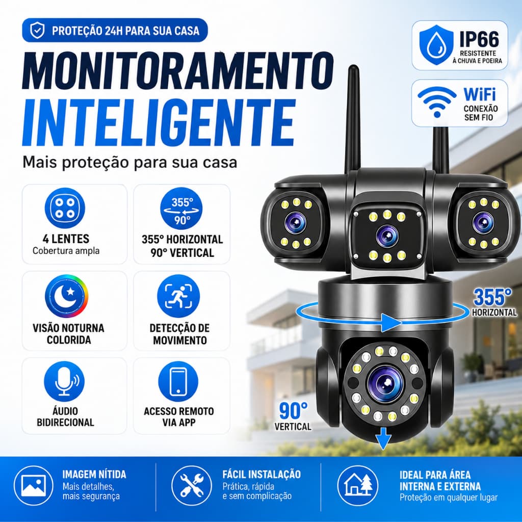 Câmera de Segurança WiFi 3 Lentes 6MP 360° PTZ IP66 Visão Noturna Áudio App