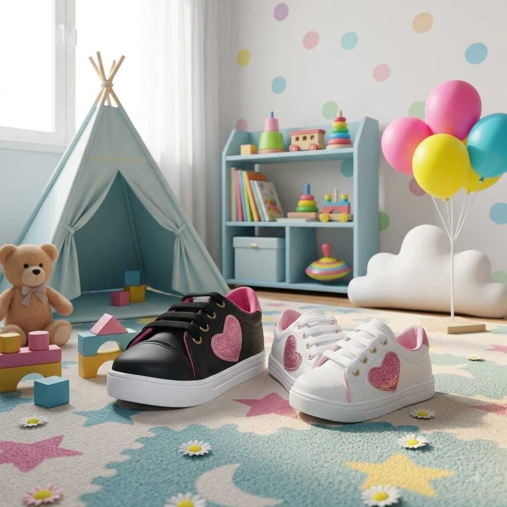 Tênis branco ou Preto super estiloso com coração rosa menina infantil presente ano novo promoção