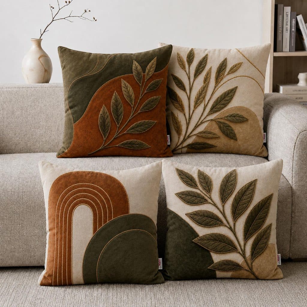 Kit 4 Capas de Almofadas Decorativas Para Sofá Folhagens Boho Zíper Invisível 40x40 45x45 50x50
