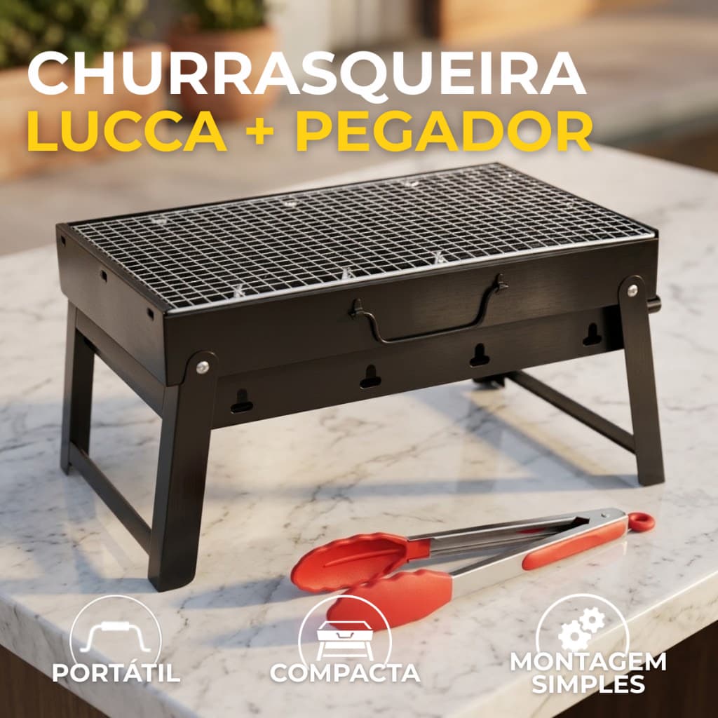 Kit Churrasqueira Lucca Portátil Dobrável Tipo Maleta Pegador para Churrasco a Carvão