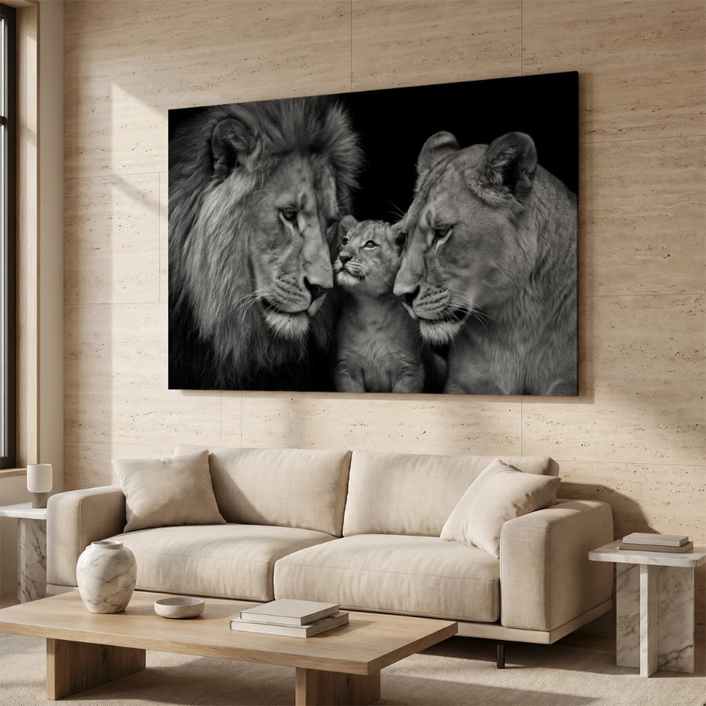 Quadro Decorativo Família de Leões – Leão, Leoa e Filhote em Preto e Branco, Amor e União Familiar