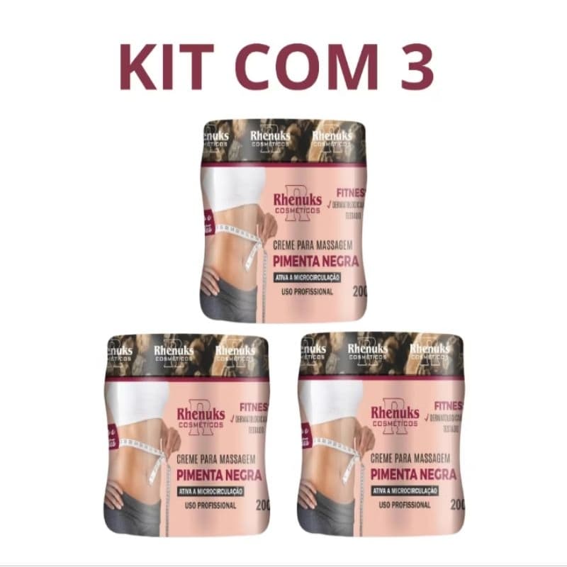 Creme para Massagem Pimenta Negra Rhenuks kit 3 unidades 200g | Ativa Microcirculação | Modelagem Corporal | Rhenuks