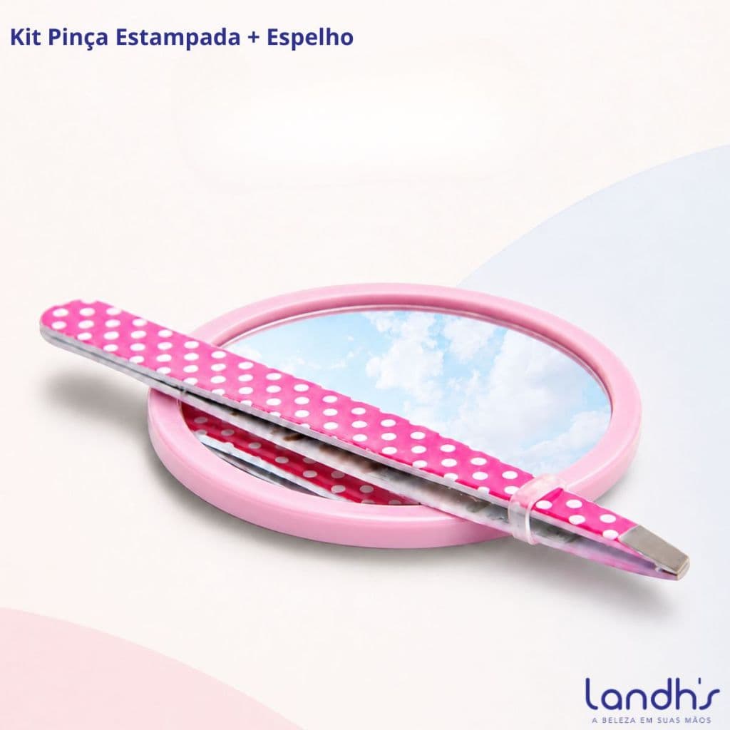 Kit Pinça Estampada e Mini Espelho Para Sobrancelha Design Depilacao Landh's
