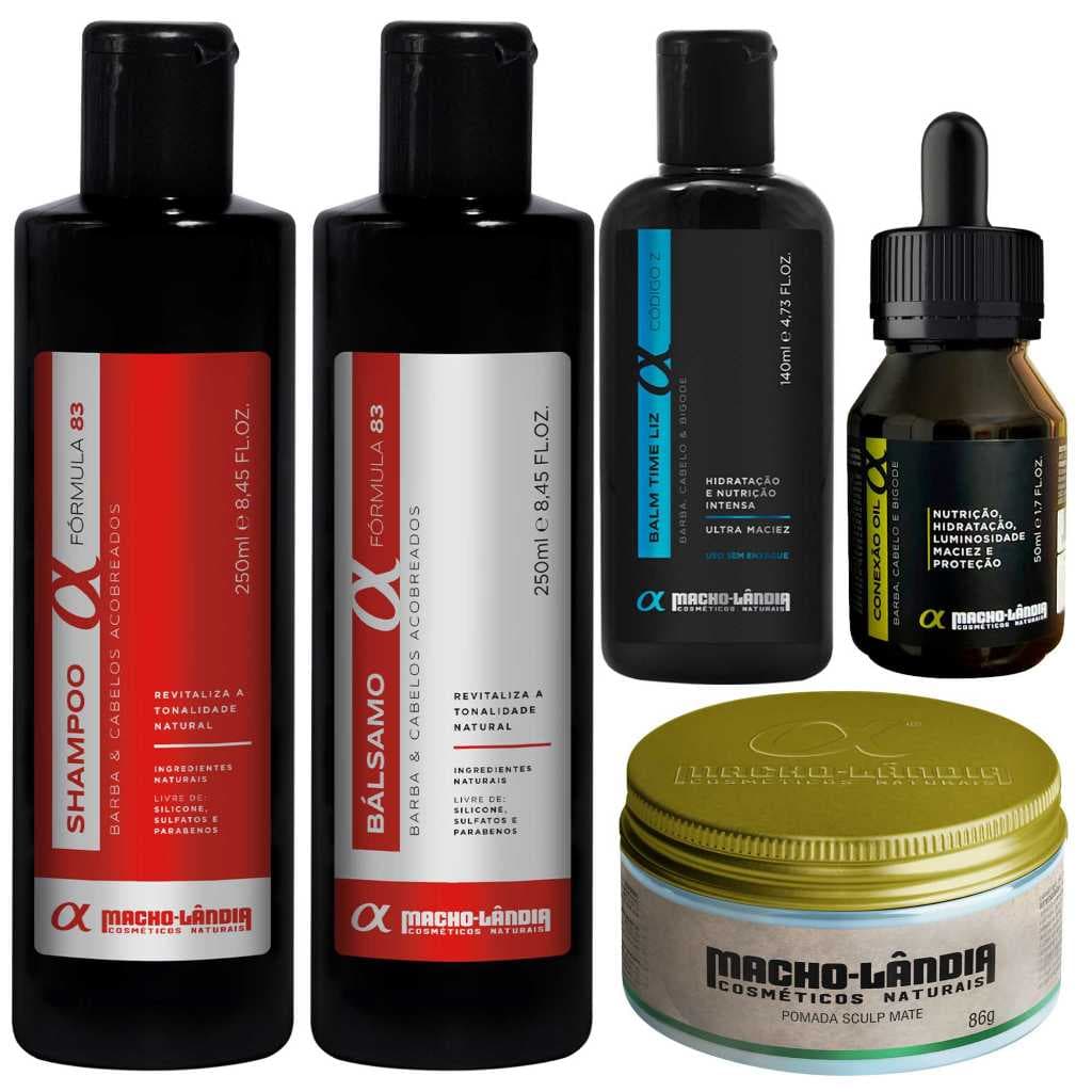 Kit Masculino Completo Macho-Lândia Cabelo E Barba Ruivo Shampoo Balm Óleo Balsamo Pomada Sculp Mate Fixação Hidratação