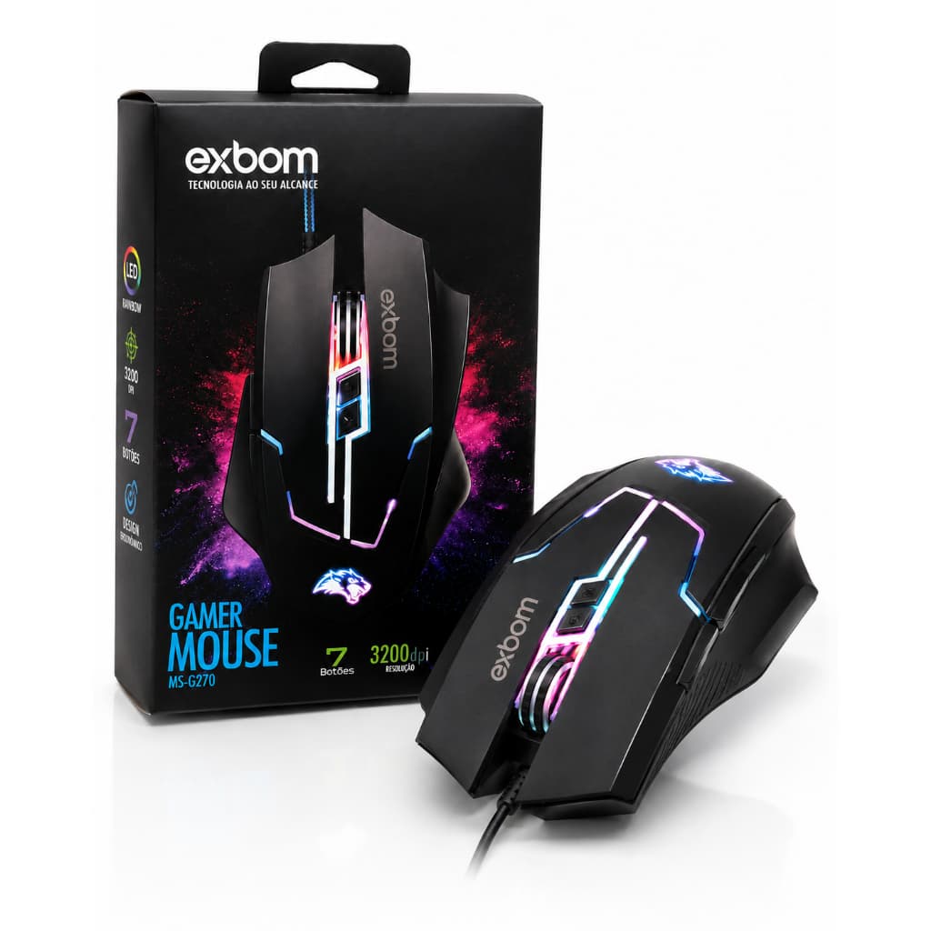 Mouse Gamer Exbom MS-G270 RGB 3200 DPI 7 Botões USB LED Colorido para PC e Notebook