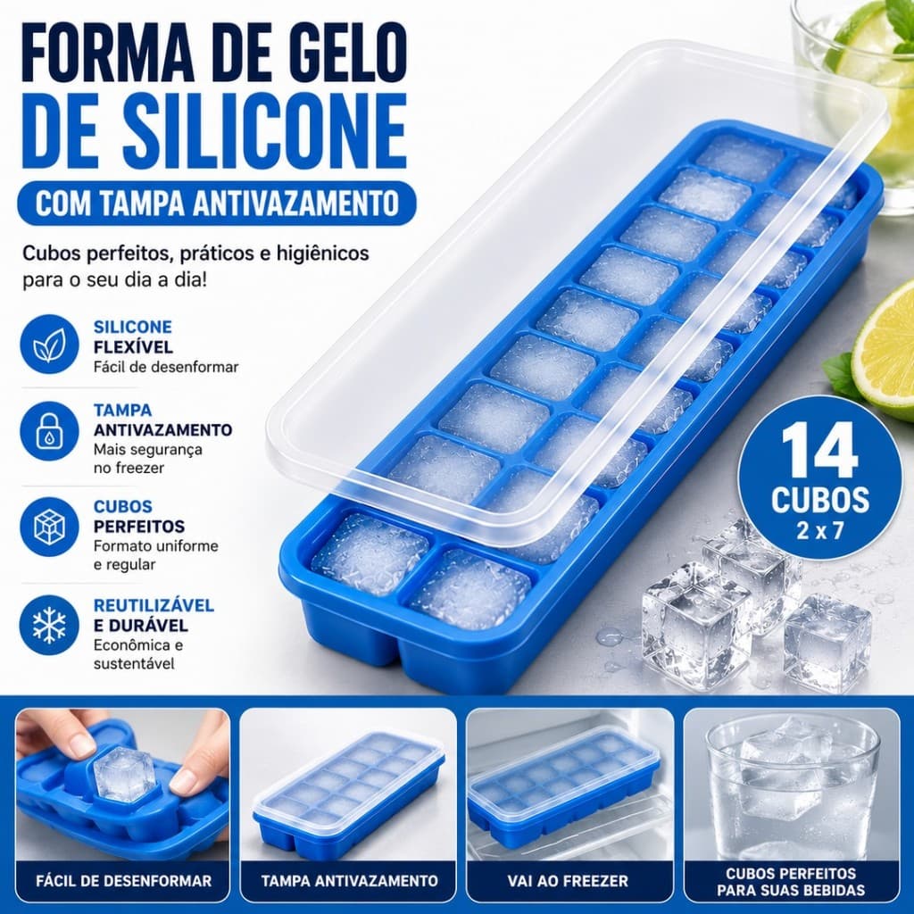 Forma de Gelo de Silicone com Tampa Antivazamento 14 Cubos 2x7 Reutilizável