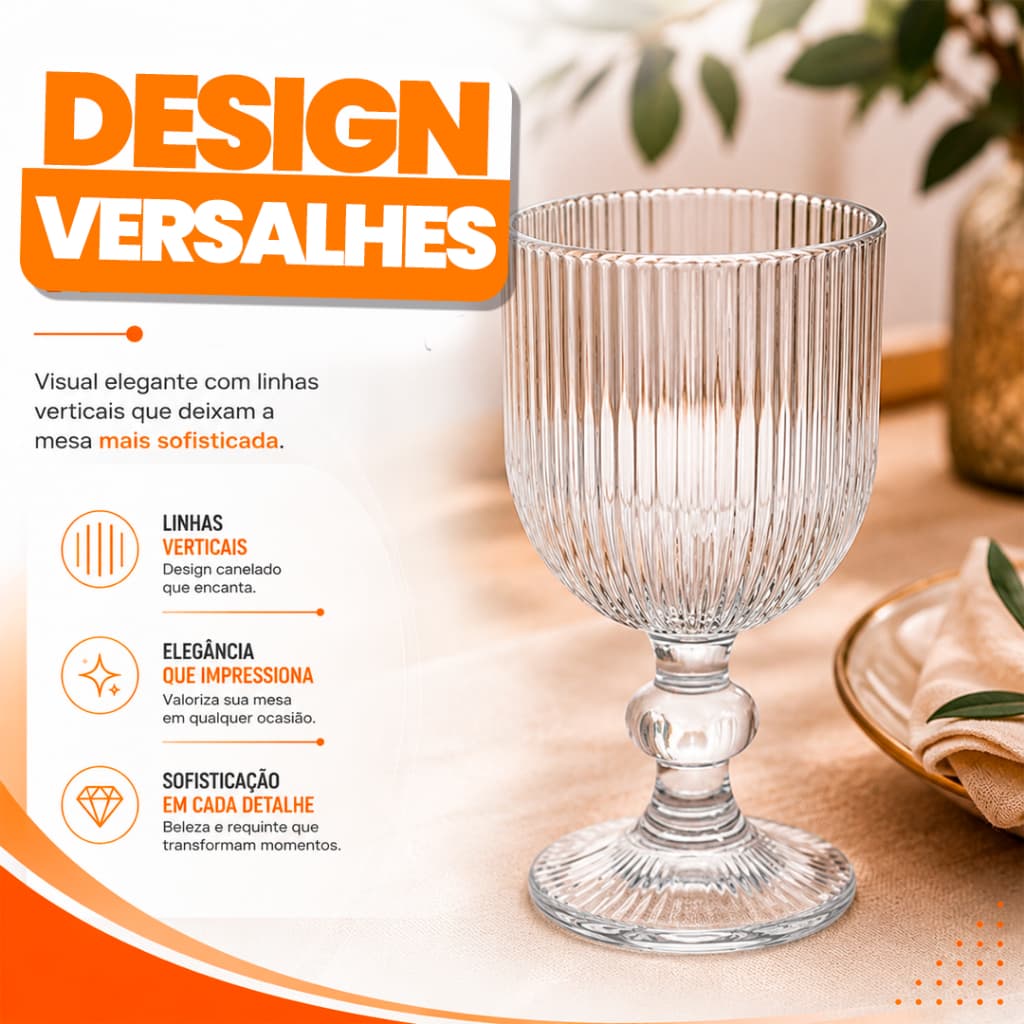 Jogo Kit 6 ou 12 Taças de Vidro Stripe Caneladas 280ml Transparente para Água Vinho Suco Drinks Mesa Posta