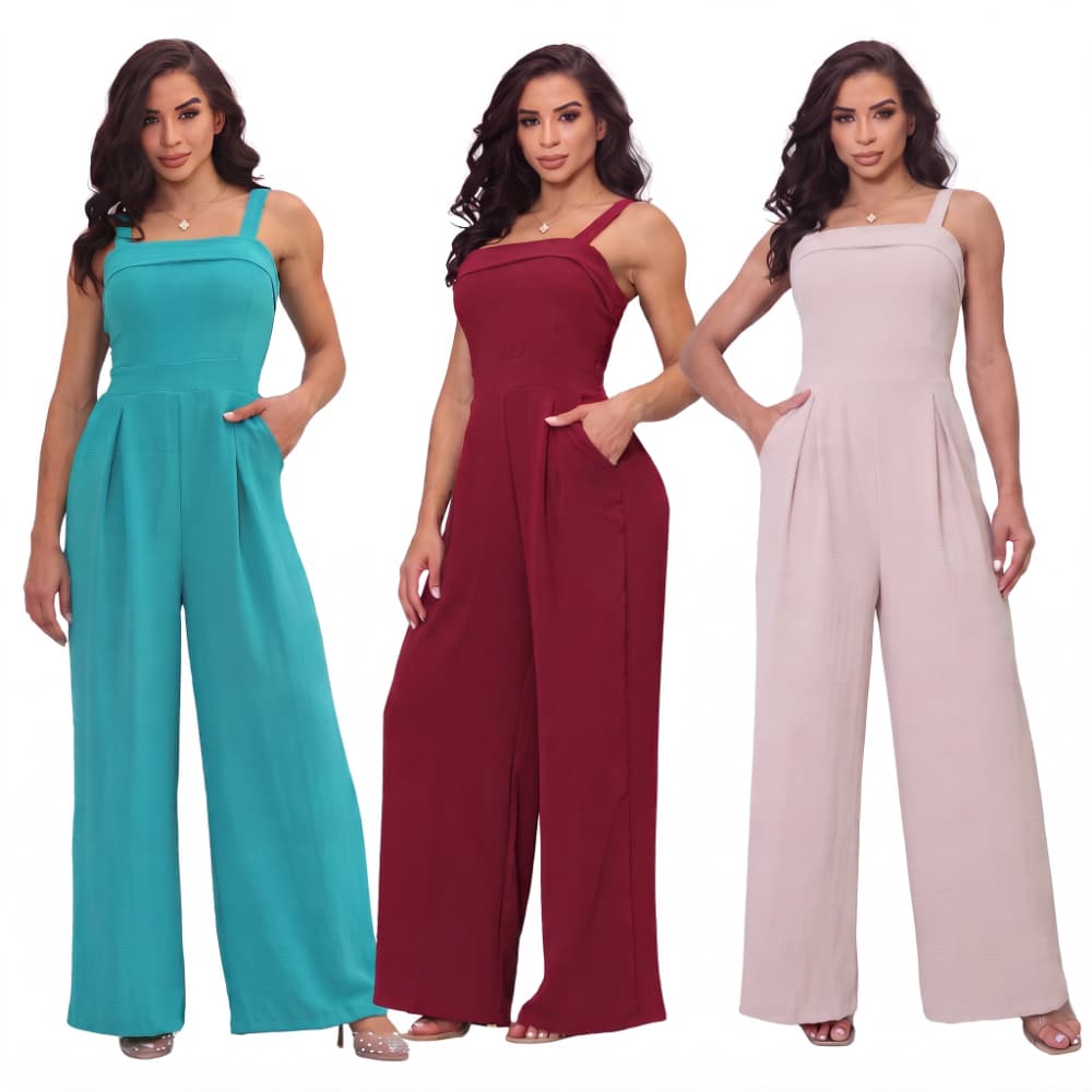 Macacão Feminino Pantalona Longo com Bolso alça Grossa  Elegante Tecido Duna Confortável chic