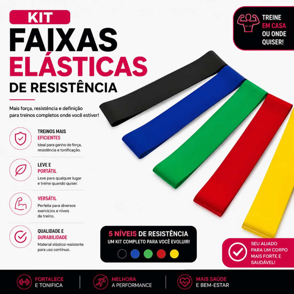 Kit 5 Faixas Elásticas Mini Band Resistência Exercícios Academia Treino Yoga Pilates Fitness