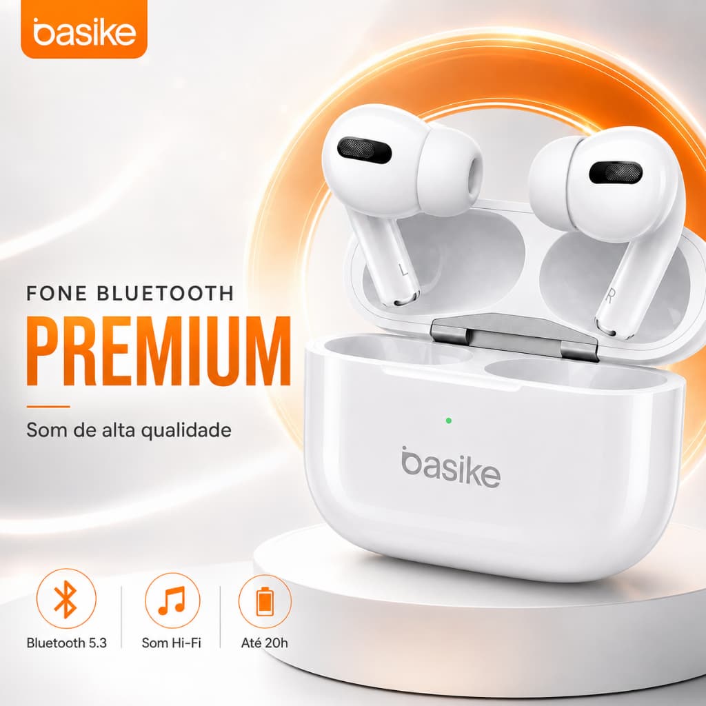 Fone de Ouvido Bluetooth 5.3 Sem Fio TWS Basike HiFi com Estojo Carregador e Pontas de Silicone